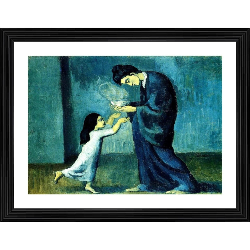 The 1902 painting of a mother with a child in a wood photo frame, multicolored
