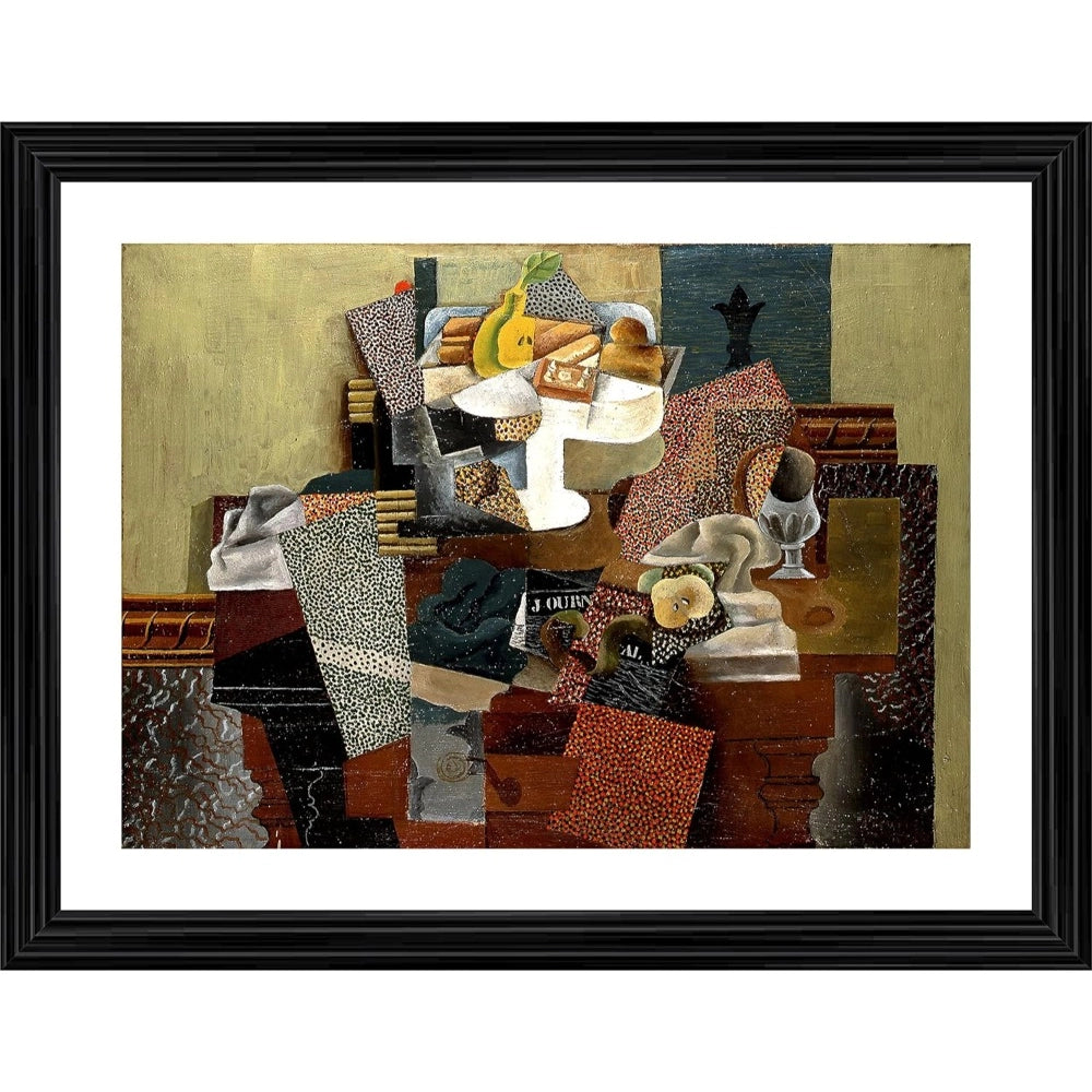The painting features a still life depicting a table laden with an assortment of colorful items. It includes a bowl, bananas, and apples, set against a backdrop that appears to be a wall. The style is impressionistic, characterized by loose brushstrokes