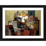 The painting features a still life depicting a table laden with an assortment of colorful items. It includes a bowl, bananas, and apples, set against a backdrop that appears to be a wall. The style is impressionistic, characterized by loose brushstrokes