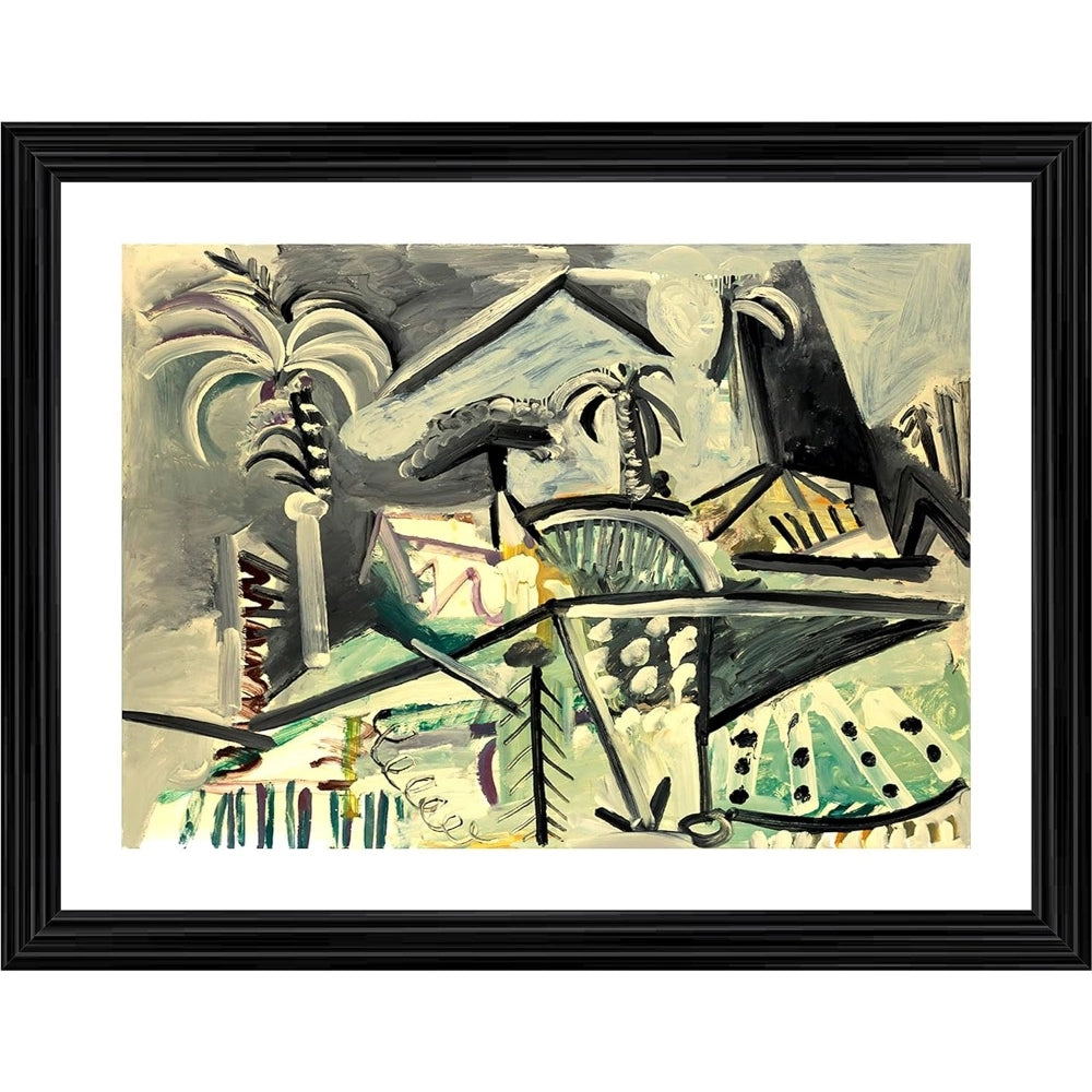 A multicolored landscape painting, showcasing vibrant hues and a peaceful suburban scene with palm trees, set against a light wood photo frame