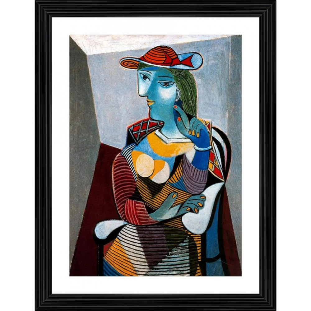 Seated woman in vibrant color palette, vintage painting by Marie Therese, wooden photo frame with multiple colors