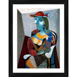 Seated woman in vibrant color palette, vintage painting by Marie Therese, wooden photo frame with multiple colors