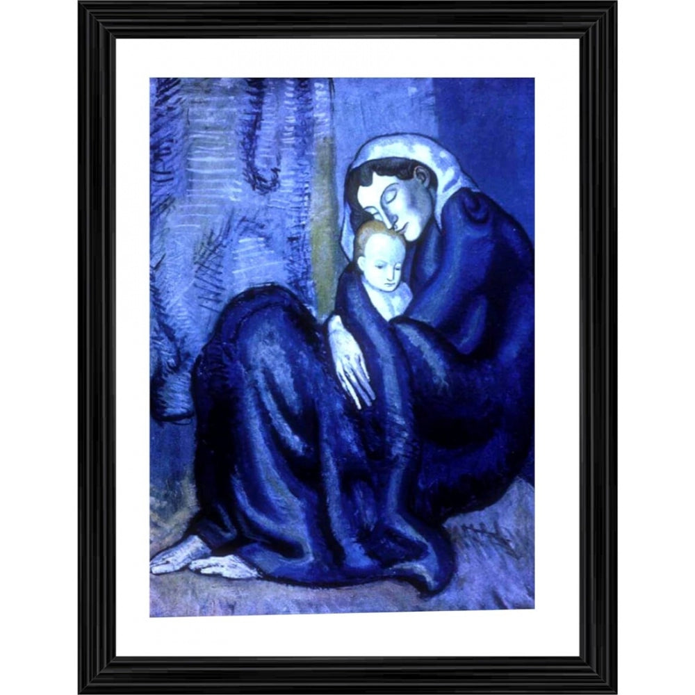 Mother and child 1902 painting with wood photo frame, multicolored