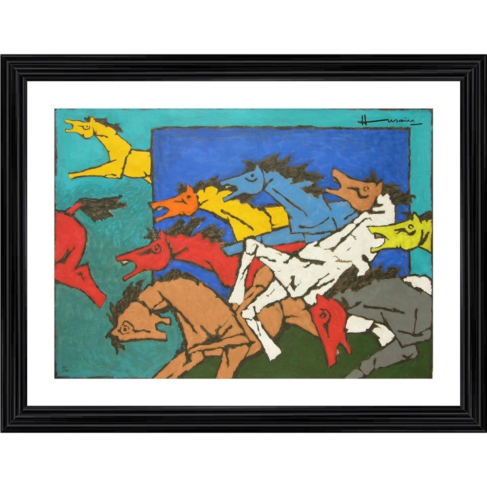 Colorful village horses painting in wood photo frame