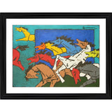 Colorful village horses painting in wood photo frame