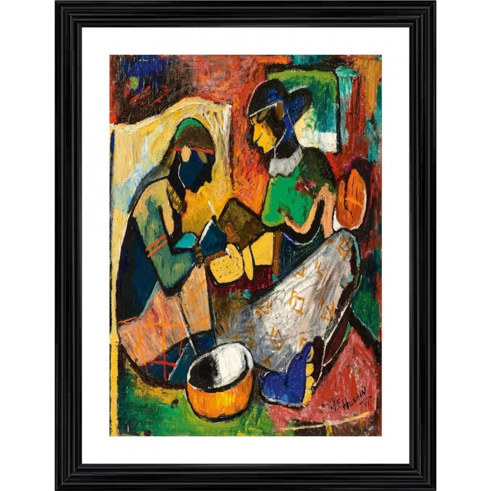 A 1951 painting of a colorful scene, framed in wood with a clear glass pane. The style suggests traditional Indian Mehndi art, featuring vibrant colors and intricate designs