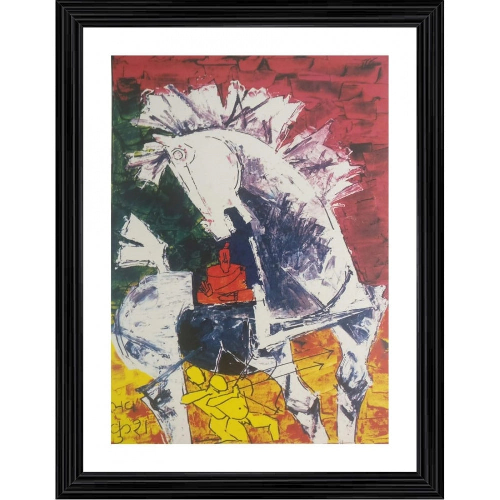 This is a multi-color painting of a horse with a rider in a blue shirt. The frame is wooden, and the photo appears to be taken outdoors during the day. The horse has a blonde mane and is wearing a saddle. The background is not clearly defined due to the focus on the painting