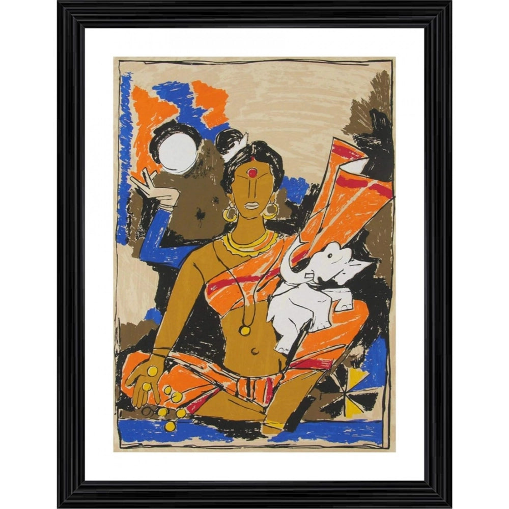 Multicolor wood-framed Goddess Lakshmi painting, lightweight for wall mount (14"x18")