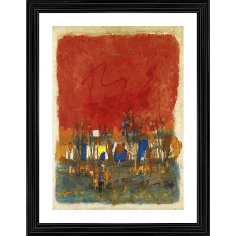 Multicolor painting depicting a red landscape, framed in wood. Signed and dated 1964