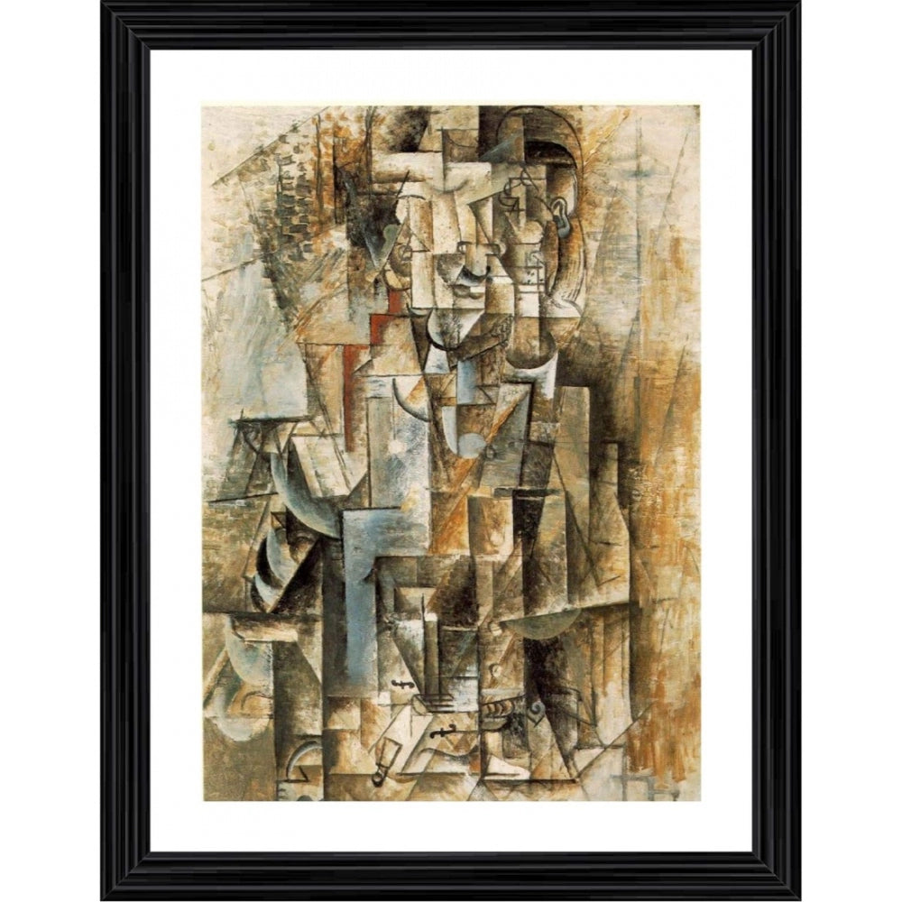 Black and white 1912 impressionist painting of man with violin photo frame, wood texture