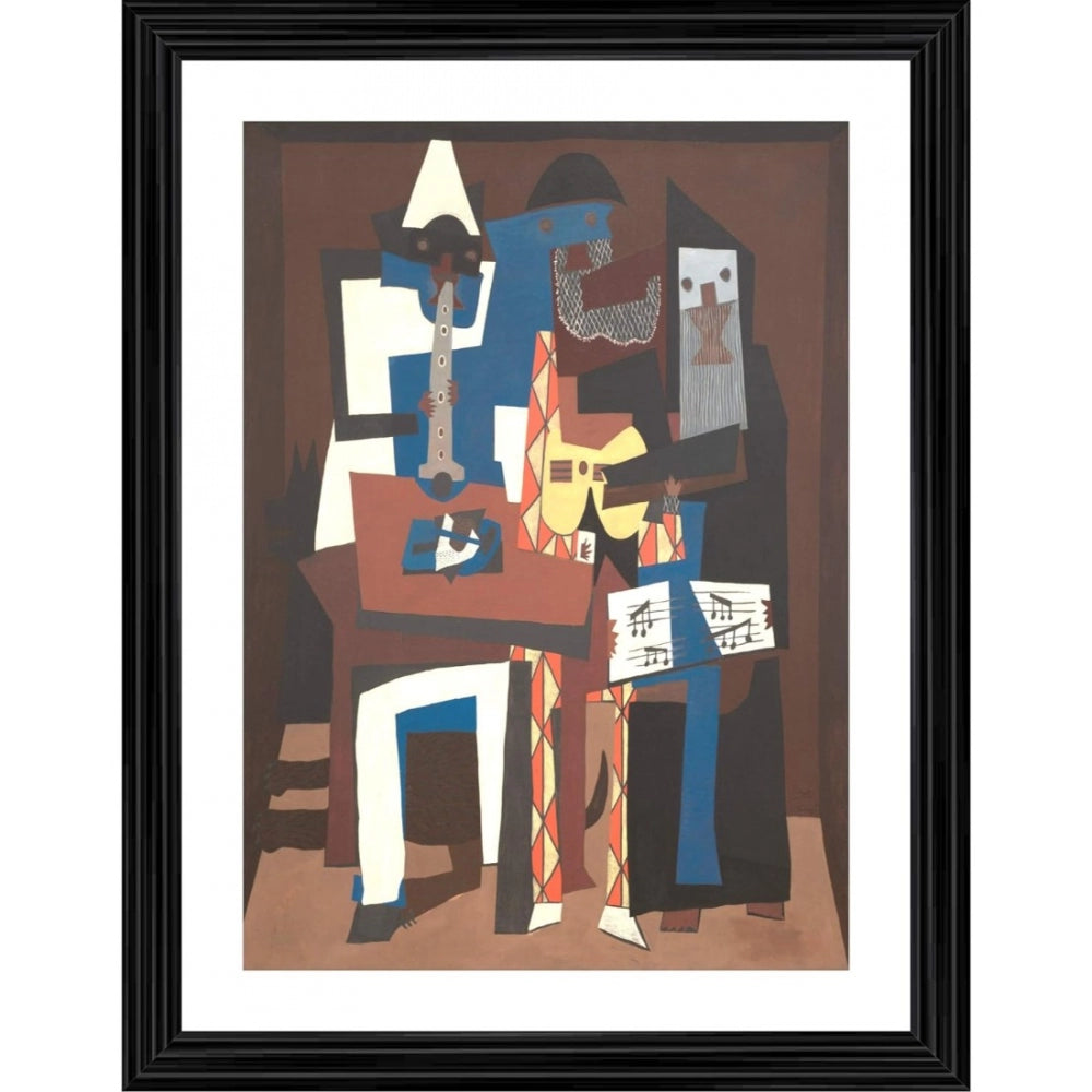 A multicolored oil painting of three musicians with a vintage wood frame, celebrating music history. (artwork, music, history, frame, oil, canvas, multi-color, 1921, three, musicians)