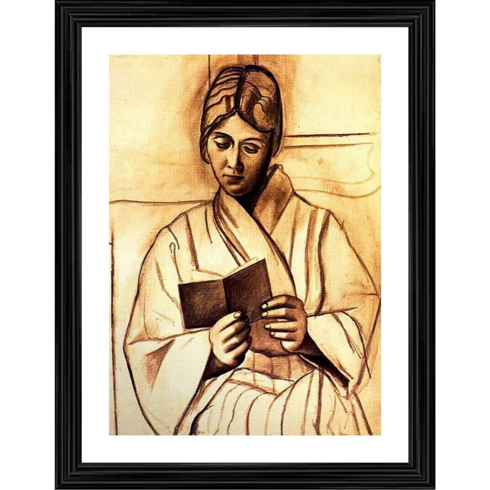 A woman reading a book in a vintage painting frame, set against a wood background. This is an artistic portrayal of a person engaged in reading literature