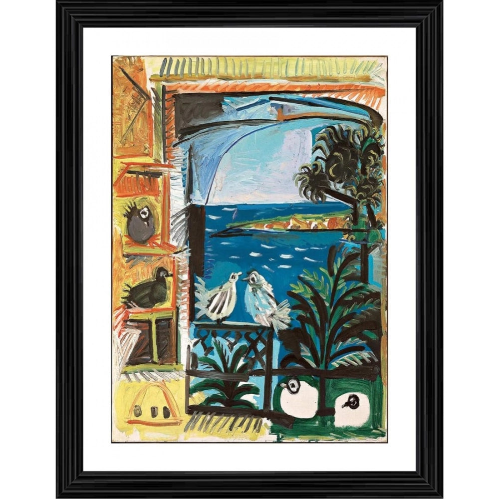 Multicolor wood framed painting of "The Pigeons Cannes 1957", lightweight for easy wall mounting (14"x18")