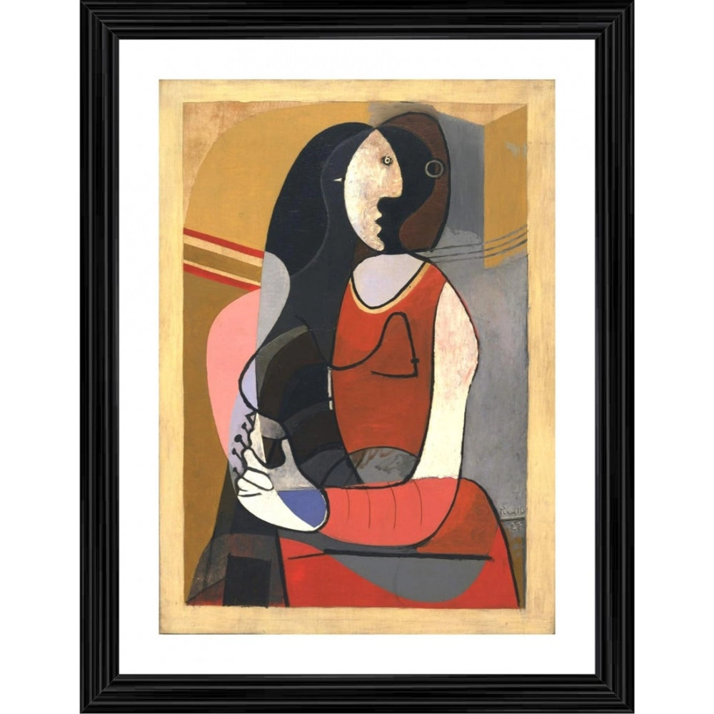 A painting in a wood photo frame showcasing a seated woman from the 1920s