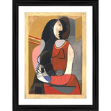 A painting in a wood photo frame showcasing a seated woman from the 1920s