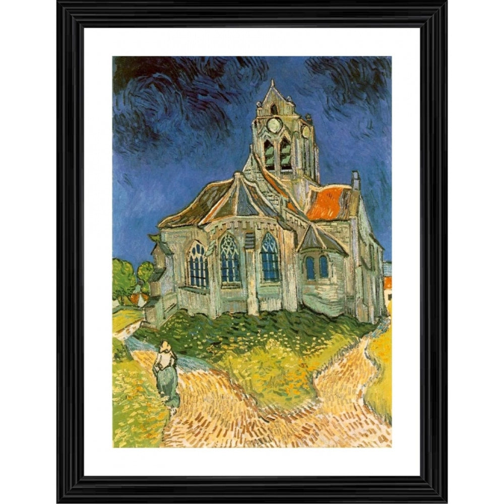 Vivid impressionistic painting of church and steeple set in Auvers, 1890, inside a multicolored wood photo frame. Oil on canvas style