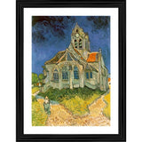 Vivid impressionistic painting of church and steeple set in Auvers, 1890, inside a multicolored wood photo frame. Oil on canvas style