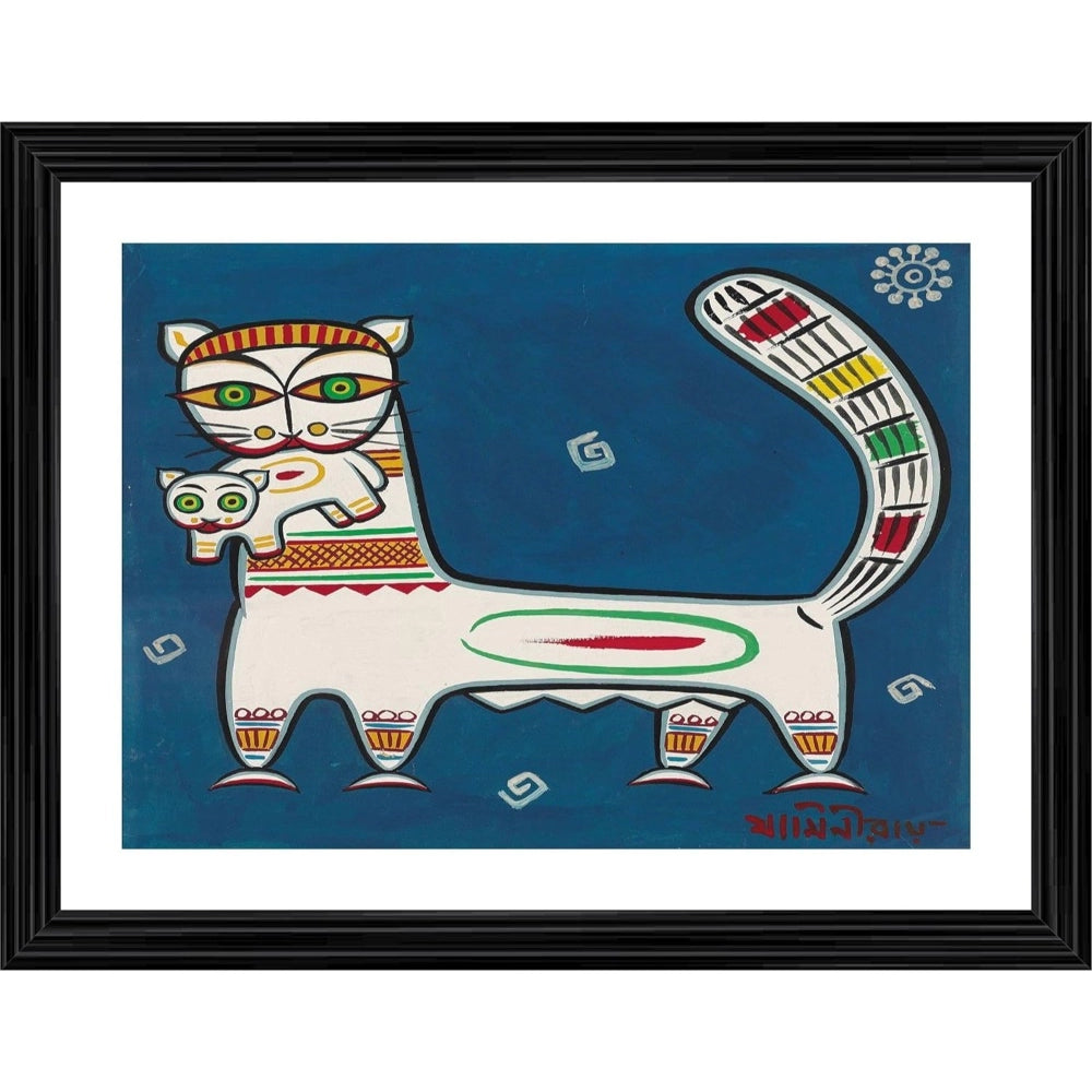 Multi-colored cat and kitten painting in wood frame