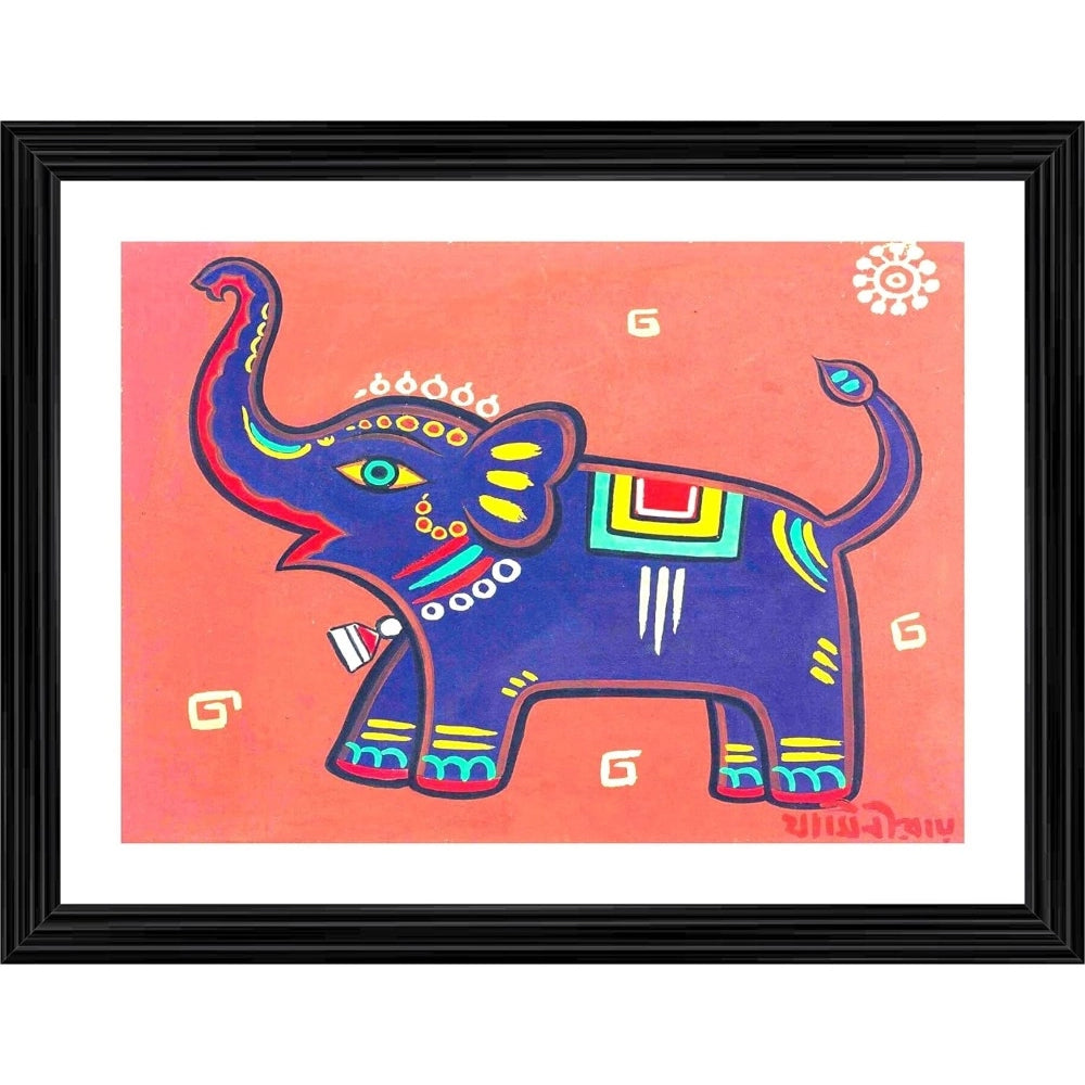The frame holds a painting of an elephant with vibrant colors and geometric patterns