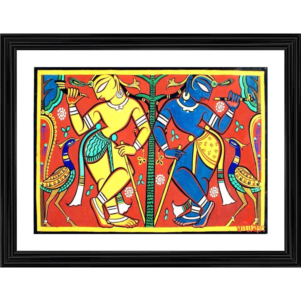 Multicolored Krishna Balram painting with wood frame in front of a tree