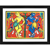 Multicolored Krishna Balram painting with wood frame in front of a tree