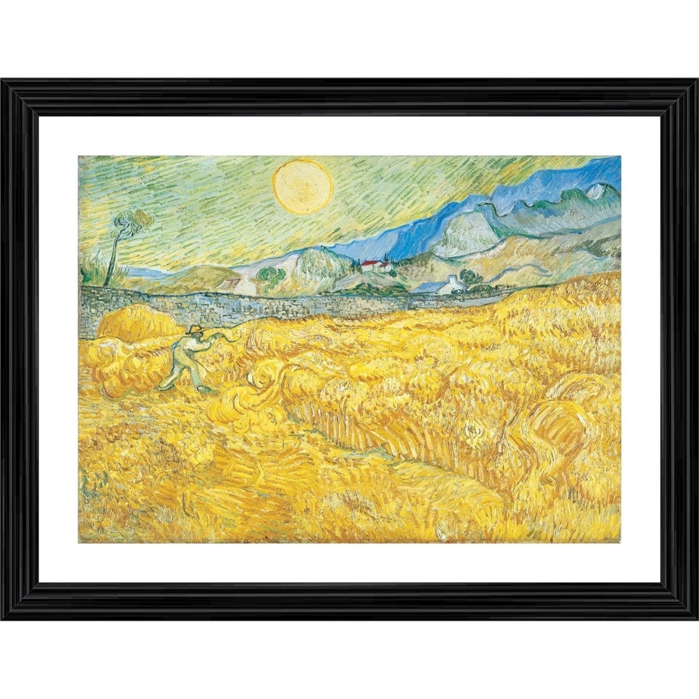 The image depicts an impressionist painting of a wheat field with a reaper at work, showcasing vibrant hues and an emphasis on light. The artwork is displayed within a black-bordered photo frame