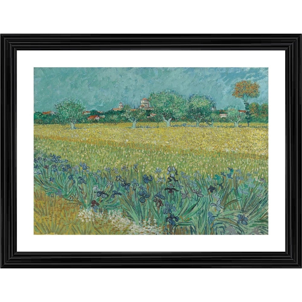 This is an image of a framed painting depicting a field with blue flowers, resembling Vincent van Gogh's work in the style of post-impressionism. The frame features a mosaic pattern and has multiple colors, including yellows, blues, and greens. It appears to be a print or reproduction of an original artwork