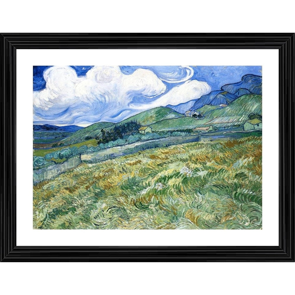 Landscape painting in photo frame, features mountains, clouds, greenery