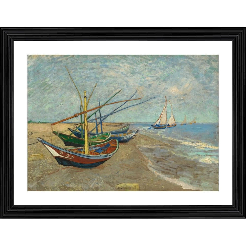 Vintage oil painting of fishing boats, multicolored wooden frame. 19th-century artwork