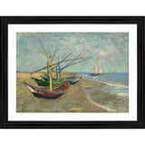 Vintage oil painting of fishing boats, multicolored wooden frame. 19th-century artwork