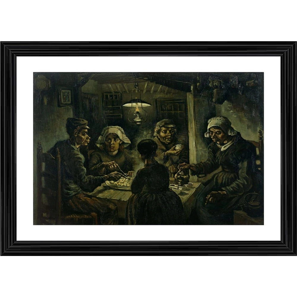 Multicolor wood framed Potato Eaters 1885 painting with lightweight wall mount, art piece displayed on easel