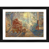 A colorful oil painting of a cozy evening scene in a rustic cabin, featuring a woman knitting and a man sitting by a fireplace. The frame is made of wood with a matte finish