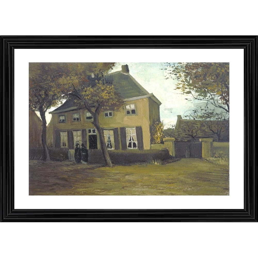 A traditional European painting of a yellow house with red shutters, framed in a modern multi-colored wood photo frame