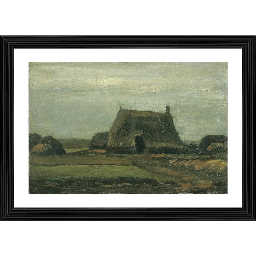 Farm house painted in earth tones, with hay stacks and a single figure standing at a distance