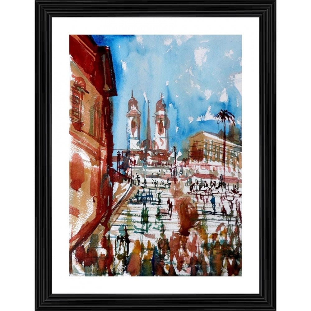A framed painting depicting the Spanish Steps, an iconic landmark in Rome, Italy, rendered in a multicolor style with a focus on warm colors. The scene captures a bustling area with people and structures, conveying a sense of vibrant city life