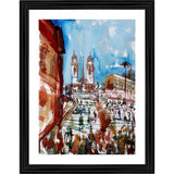 A framed painting depicting the Spanish Steps, an iconic landmark in Rome, Italy, rendered in a multicolor style with a focus on warm colors. The scene captures a bustling area with people and structures, conveying a sense of vibrant city life