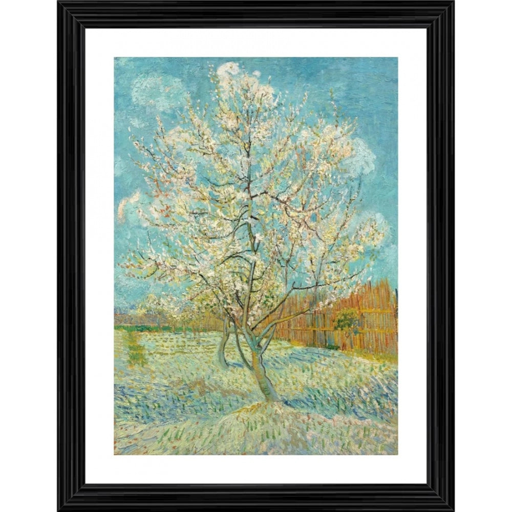 A framed reproduction of a 19th century oil painting, 'The Pink Peach Tree' by an unidentified artist, with a wooden photo frame in various colors including pink, purple and blue