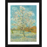 A framed reproduction of a 19th century oil painting, 'The Pink Peach Tree' by an unidentified artist, with a wooden photo frame in various colors including pink, purple and blue