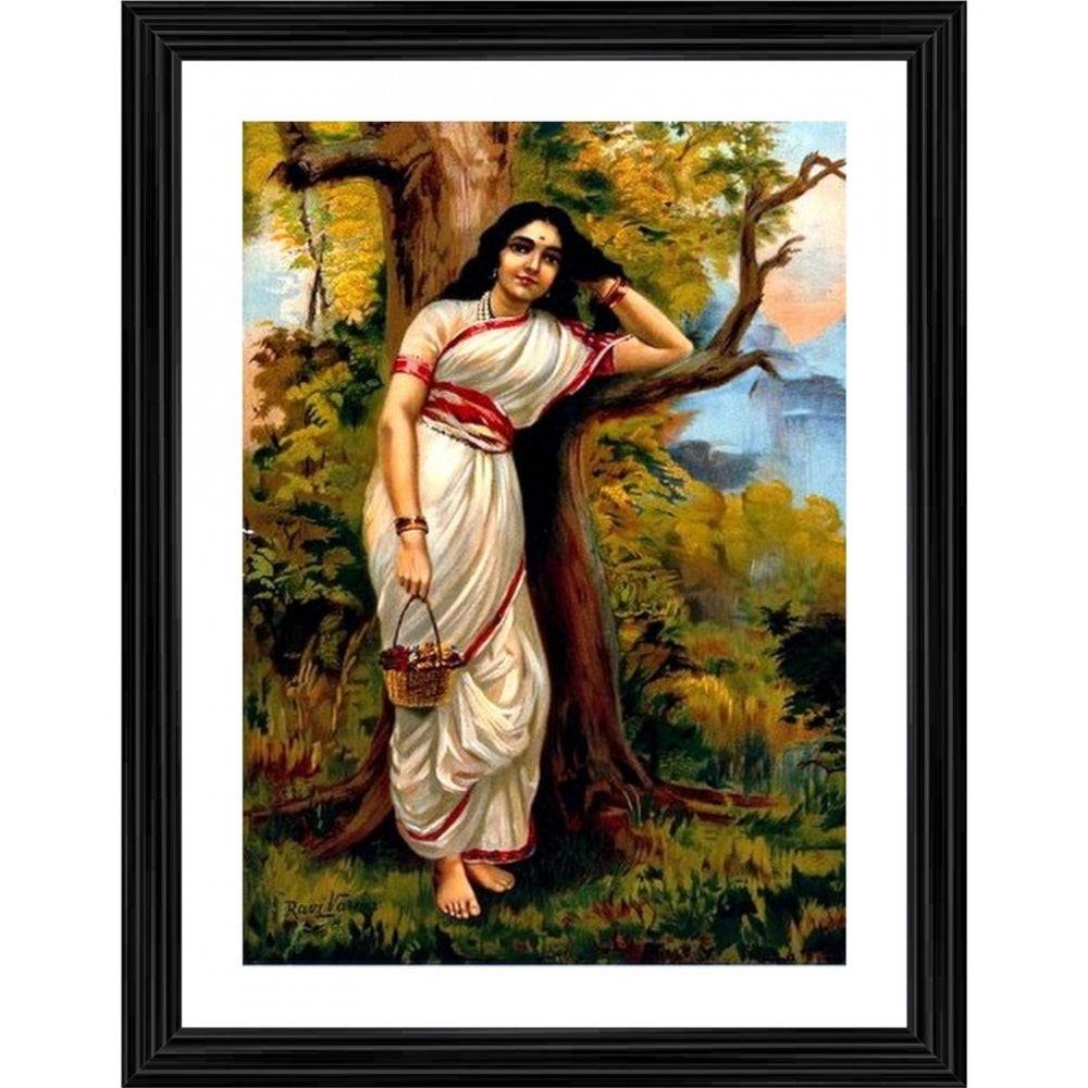 Multicolor painting of Ahalya, ancient Indian beauty, within a wooden photo frame