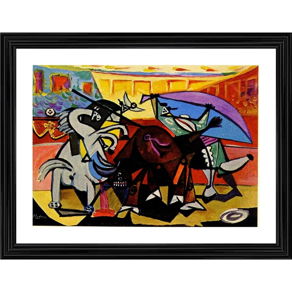 Multicolored painting of a bullfight with a variety of animals in a wood photo frame, set against an ornate backdrop