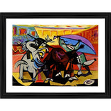 Multicolored painting of a bullfight with a variety of animals in a wood photo frame, set against an ornate backdrop
