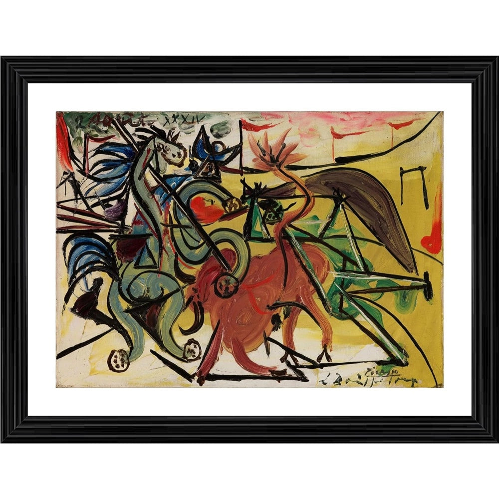 Multi-colored painting of bullfight within a wooden frame
