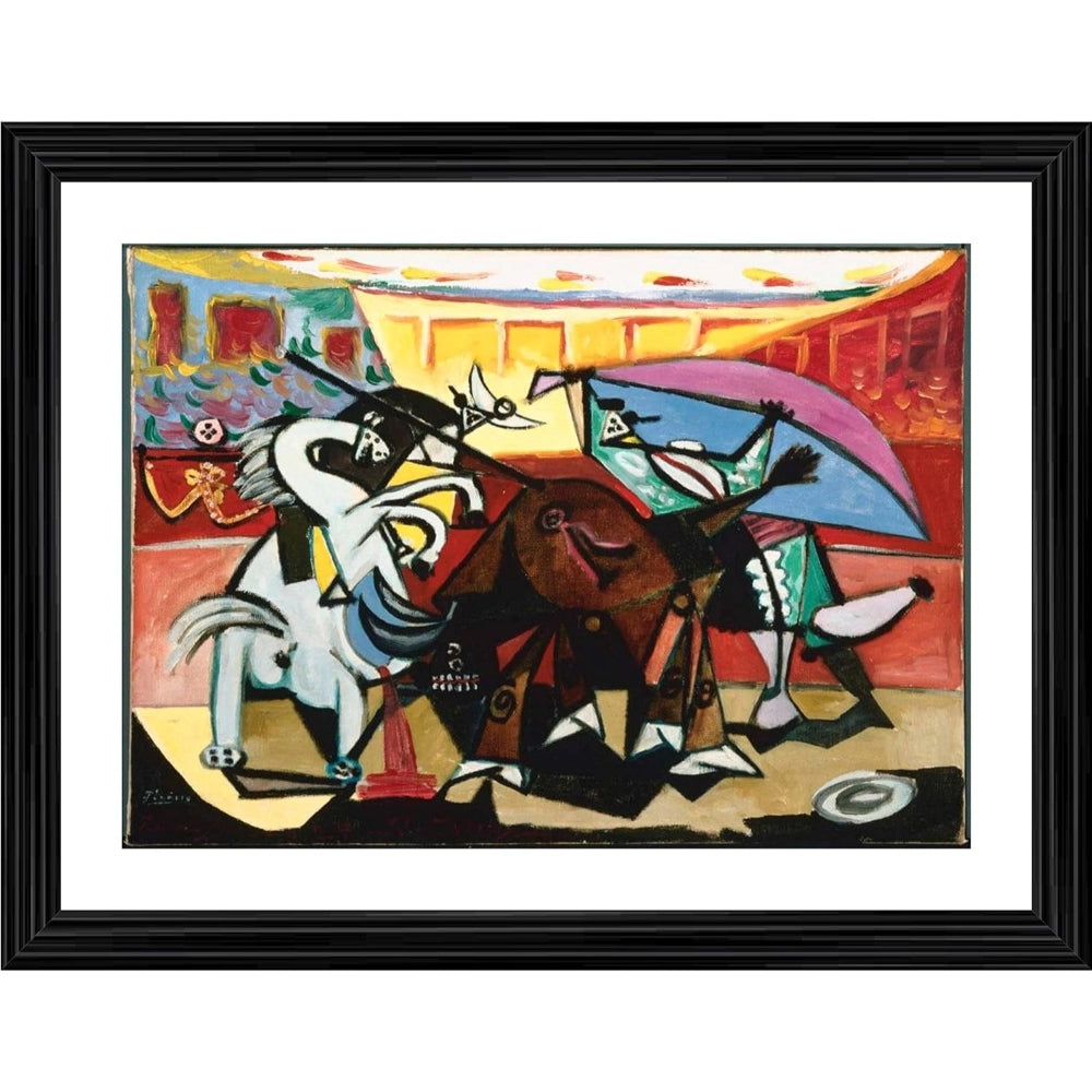 A wall painting depicting a bullfighting scene with three people and two horses. The art style is modern, with vibrant colors and abstract figures. It's presented in a wooden photo frame