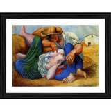 A painting of a farm scene, featuring two peasant figures resting in a field with a barn in the background. The style is impressionistic with vibrant colors and loose brushstrokes