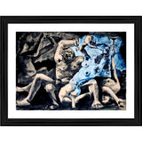 Multi-colored abstract expressionism painting with wood frame, depicting figures in a frenzied state of motion and emotion
