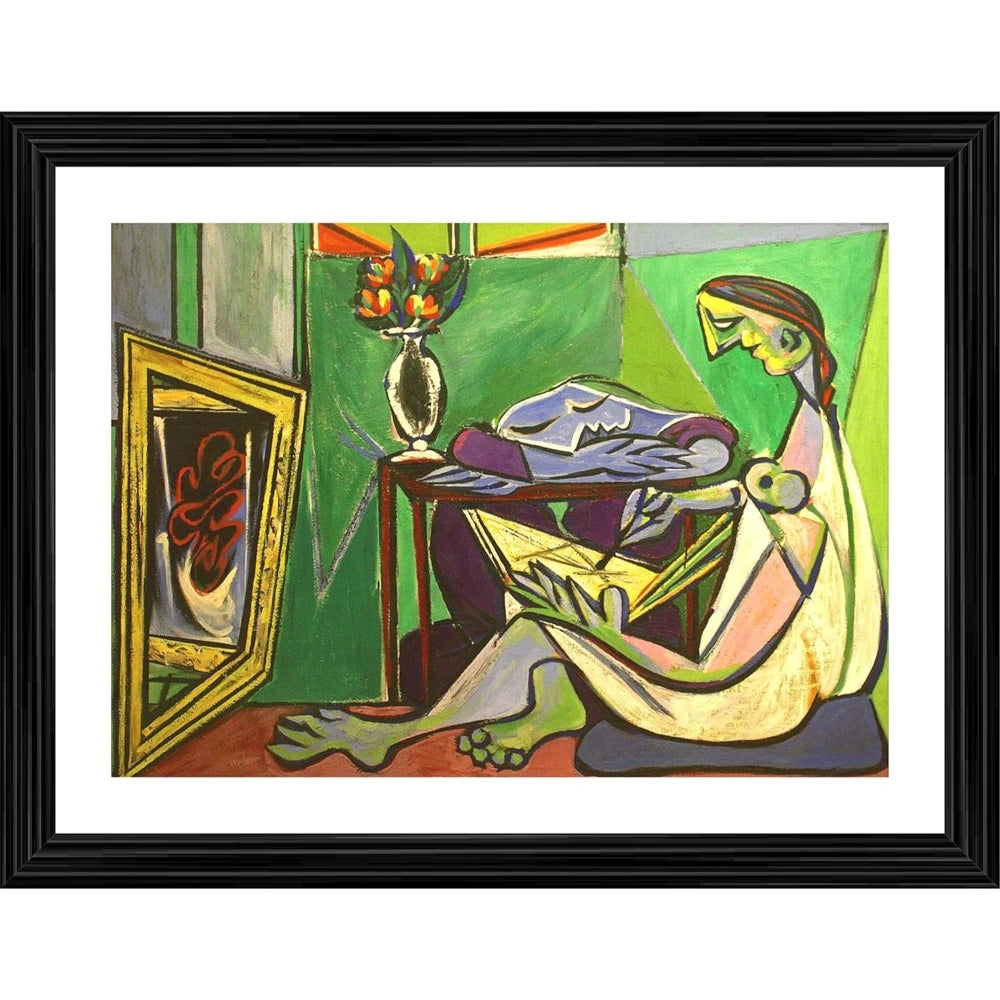 Multicolor painting with a wood frame depicting a woman holding a bird, set against a vibrant background. Artwork features bold colors and a dynamic composition