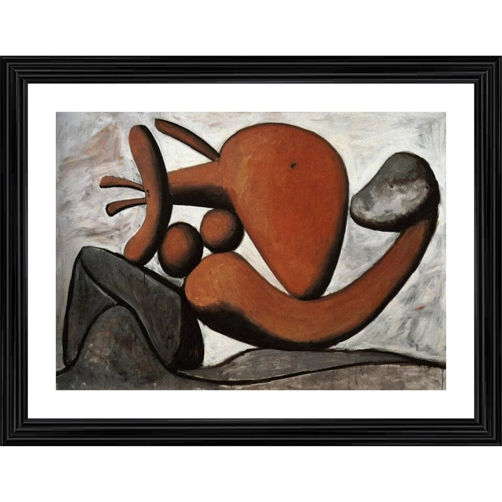Artistic 1931 painting of a woman in an orange dress with red and blue abstract elements, portrayed against a stone backdrop