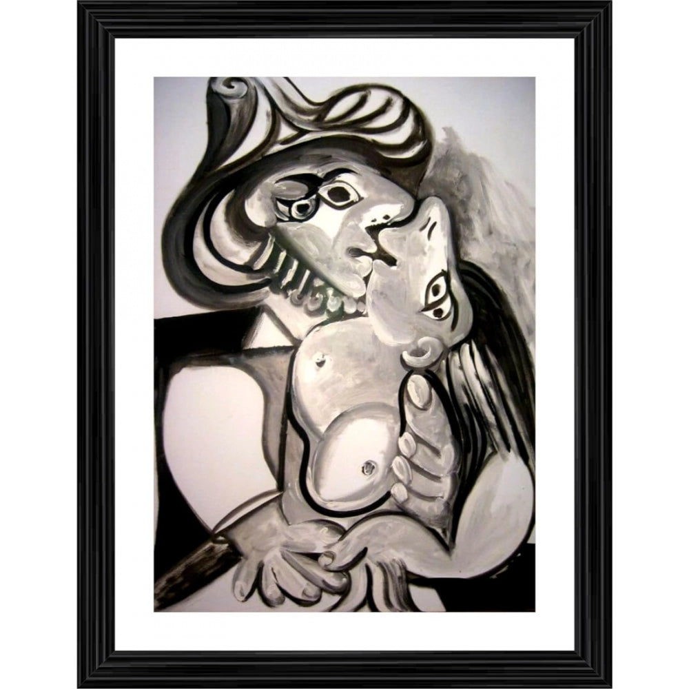 Black and white sketch of a painting depicting two musketeers in a tender embrace