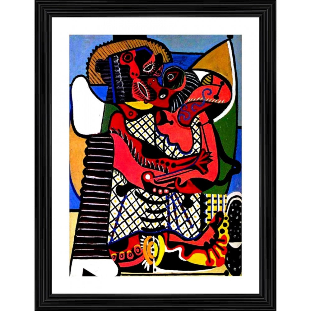 Multicolor wooden frame, painting depicting a couple in a warm embrace, 1925 art style