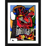 Multicolor wooden frame, painting depicting a couple in a warm embrace, 1925 art style